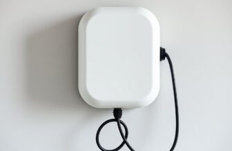 Borne de recharge murale blanche dans un garage, câble noir enroulé sous le boîtier