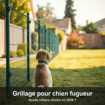 Chien de taille moyenne assis de dos dans l'herbe devant une clôture en grillage soudé vert qui longe la pelouse d'un jardin