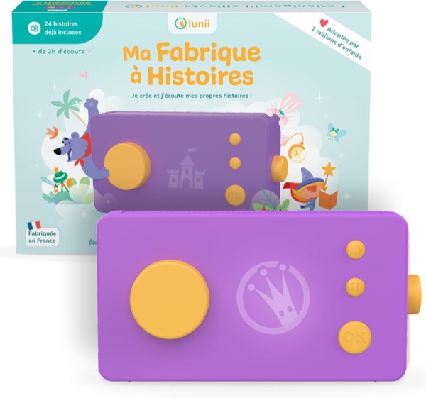 Boîte à histoires Lunii Ma Fabrique à Histoires violette avec son emballage