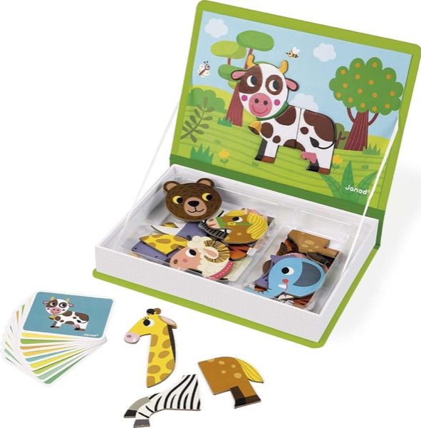 Jeu magnétique Janod Magnéti'Book Animaux ouvert avec ses pièces aimantées