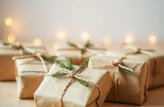 Paquets cadeaux en papier kraft noués de ficelle avec des brins de sapin sur une table en bois clair, petites lumières chaudes