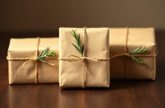 Trois paquets cadeaux emballés de papier kraft, ficelle et brin de romarin sur une table en bois sombre