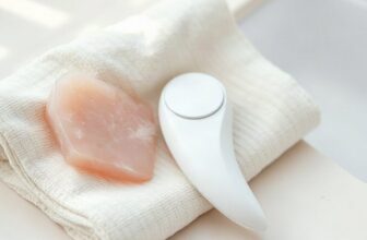 Petit appareil de soin du visage blanc et gua sha en quartz rose posés sur une serviette pliée