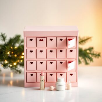 Calendrier de l'Avent beauté ouvert avec rouge à lèvres, mascara et vernis