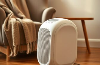 Petit chauffage d'appoint soufflant posé au sol près d'un fauteuil dans un salon