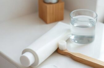 Tube de dentifrice blanc sans étiquette et brosse à dents en bambou avec un ruban de pâte, près d'un verre d'eau dans une salle de bain claire
