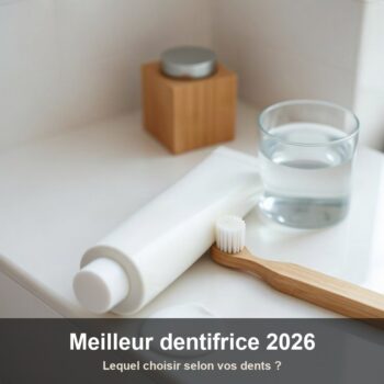 Tube de dentifrice blanc sans étiquette et brosse à dents en bambou avec un ruban de pâte, près d'un verre d'eau dans une salle de bain claire