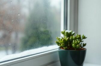 Vitre couverte de buée et de gouttes de condensation, plante verte sur le rebord de la fenêtre en hiver
