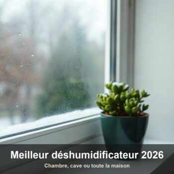 Vitre couverte de buée et de gouttes de condensation, plante verte sur le rebord de la fenêtre en hiver
