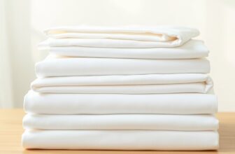 Pile de draps et taies d'oreiller blancs repassés et pliés, posée sur un plan en bois clair
