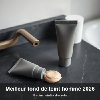Tube de crème teintée sans étiquette et noisette de crème couleur chair sur une vasque gris anthracite