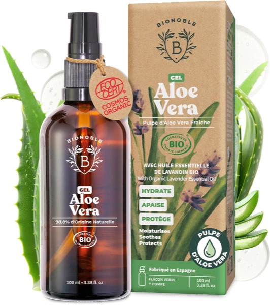 Flacon en verre ambré à pompe du gel aloe vera Bionoble