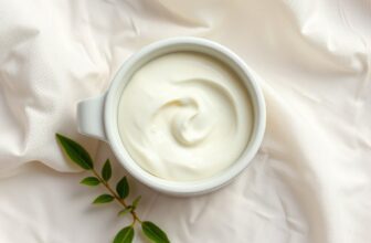 Noix de crème blanche dans une coupelle en céramique posée sur un linge clair, à côté d'un brin de feuilles vertes