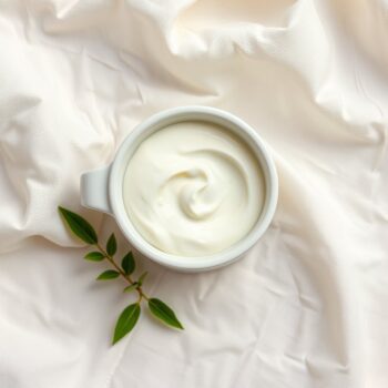 Noix de crème blanche dans une coupelle en céramique posée sur un linge clair, à côté d'un brin de feuilles vertes