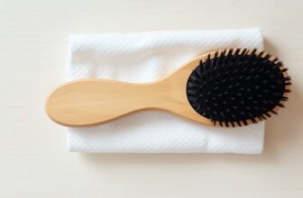 Brosse à cheveux ovale en bois aux poils noirs posée sur une serviette blanche pliée, sur une coiffeuse en bois clair
