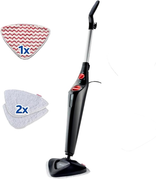 Balai vapeur Vileda Steam Plus noir avec sa tête triangulaire et ses coussinets de rechange