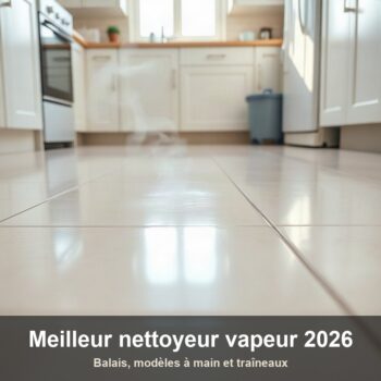 Sol carrelé clair fraîchement nettoyé et brillant, avec un léger voile de vapeur, dans une cuisine lumineuse