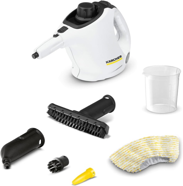 Petit nettoyeur vapeur à main Kärcher SC 1 blanc avec ses buses et sa brosse ronde