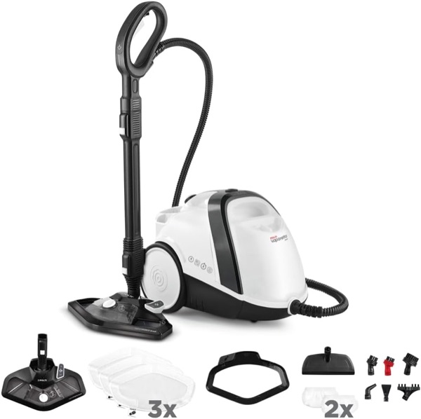 Nettoyeur vapeur traîneau Polti Vaporetto Smart 120 blanc et noir avec son flexible et sa brosse de sol