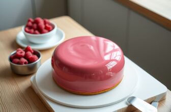 Entremets glacé posé sur un plan de travail avec un cercle à pâtisserie, une balance et un thermomètre de cuisine