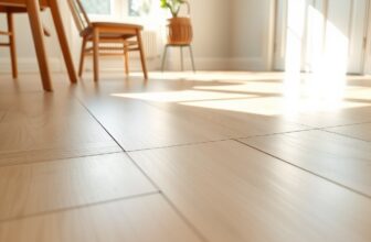 Parquet clair fraîchement lavé dans une salle à manger lumineuse, avec pieds de chaises et plante verte