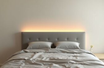 Lit au linge gris dont la tête de lit capitonnée grise est soulignée par une lueur ambrée diffusée sur le mur clair