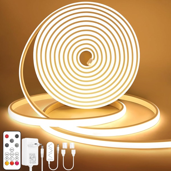 Ruban LED COB Lamomo blanc chaud enroulé et allumé