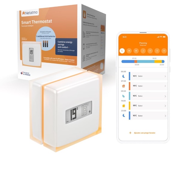 Thermostat connecté Netatmo blanc avec son relais chaudière