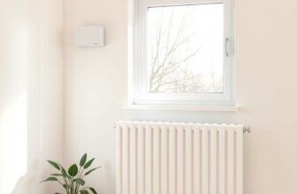 Thermostat connecté au mur d'un salon à côté d'un radiateur équipé d'une tête thermostatique