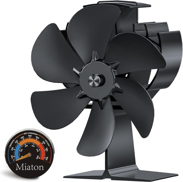 Ventilateur de poêle à bois Miaton noir à 6 pales avec son thermomètre magnétique