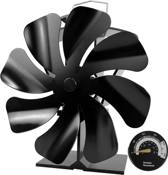 Ventilateur de poêle à bois Tomersun noir à 8 pales et son thermomètre