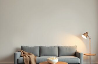 Salon au grand mur blanc vierge, canapé gris avec un plaid tricoté brun, bol de pop-corn sur une table basse ronde en bois et lampe sur pied allumée