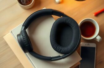 Casque audio posé sur une pile de livres à côté d'une tasse de thé, lumière du soir