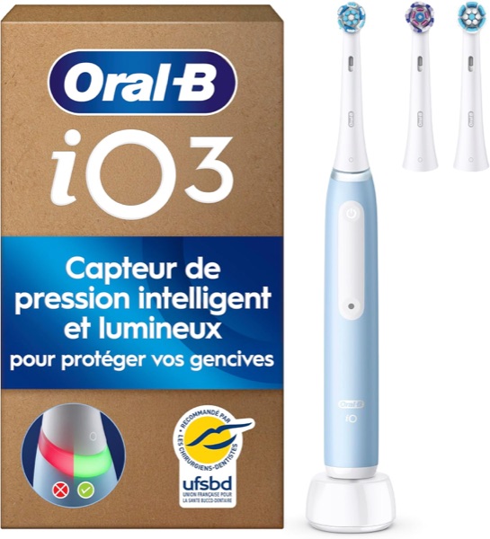 Brosse à dents électrique Oral-B iO 3 bleue et ses brossettes de rechange