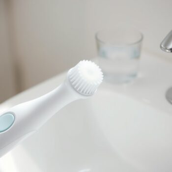 Tête ronde de brosse à dents électrique avec du dentifrice, posée au bord d'un lavabo