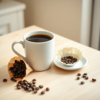 Tasse de café filtre à côté de filtres papier et de grains de café, sur une table en bois
