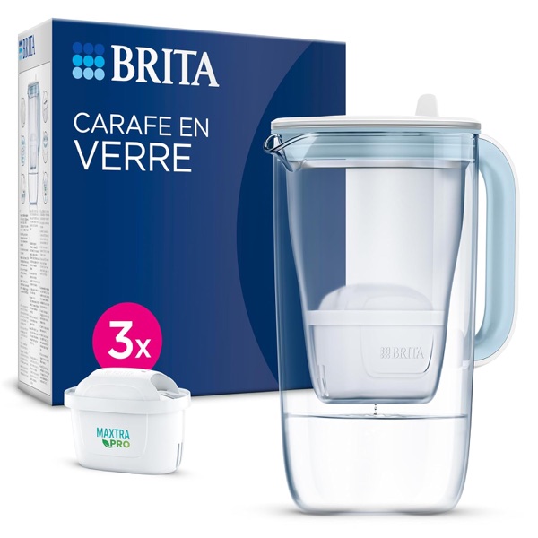 Carafe filtrante en verre BRITA avec couvercle bleu clair