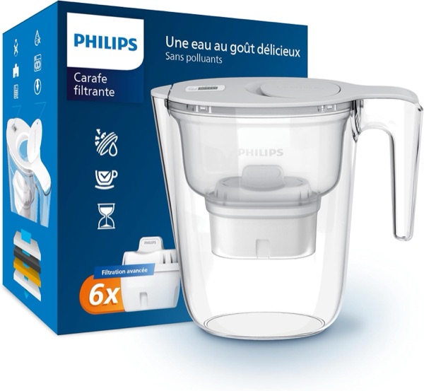 Carafe filtrante Philips Water blanche et transparente avec ses cartouches
