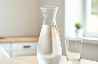 Carafe en verre remplie d'eau limpide et verre vide sur une table en bois clair, devant une fenêtre lumineuse