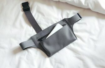 Pochette ventrale de voyage en tissu gris posée à plat sur un lit d'hôtel à côté d'un passeport fermé