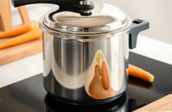 Autocuiseur en inox posé sur une plaque de cuisson, entouré de carottes, poireaux, pommes de terre et oignon