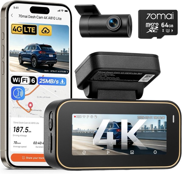 Dashcam 70mai A810 Lite avec sa caméra arrière et sa carte microSD