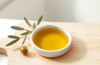 Coupelle blanche d'huile d'olive dorée, une olive verte et un brin d'olivier sur une planche en bois clair