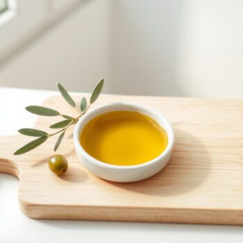 Coupelle blanche d'huile d'olive dorée, une olive verte et un brin d'olivier sur une planche en bois clair