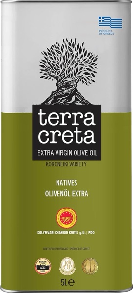 Bidon métallique vert et blanc d'huile d'olive extra vierge Terra Creta 5 litres