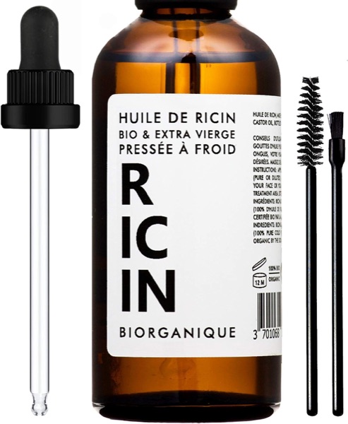 Flacon d'huile de ricin bio Biorganique avec sa pipette et ses pinceaux applicateurs
