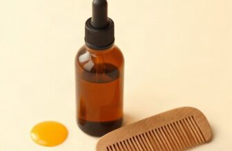 Flacon compte-gouttes en verre ambré sans étiquette posé sur une surface claire, à côté de quelques graines de ricin