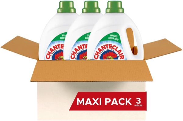 Trois bidons de lessive liquide Chanteclair Musc Blanc