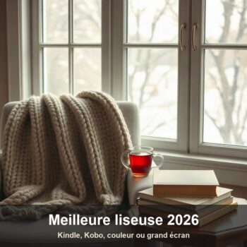 Coin lecture douillet près d'une fenêtre en hiver, plaid en laine sur un fauteuil et tasse de thé fumante sur l'accoudoir