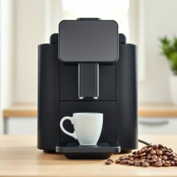 Machine à café à grain automatique sur un plan de travail, une tasse sous l'écoulement et des grains de café